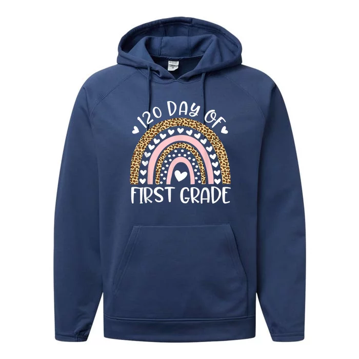 Happy 120th Day Of School Teachers 1st Grade Rainbow Leopard Performance Fleece Hoodie