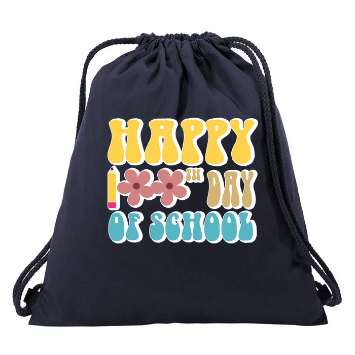 Happy 100th Day Of School Cute Retro Flower Drawstring Bag