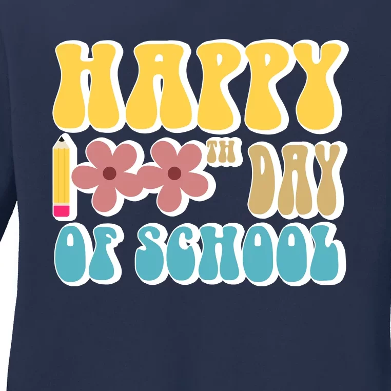 Happy 100th Day Of School Cute Retro Flower Ladies Long Sleeve Shirt