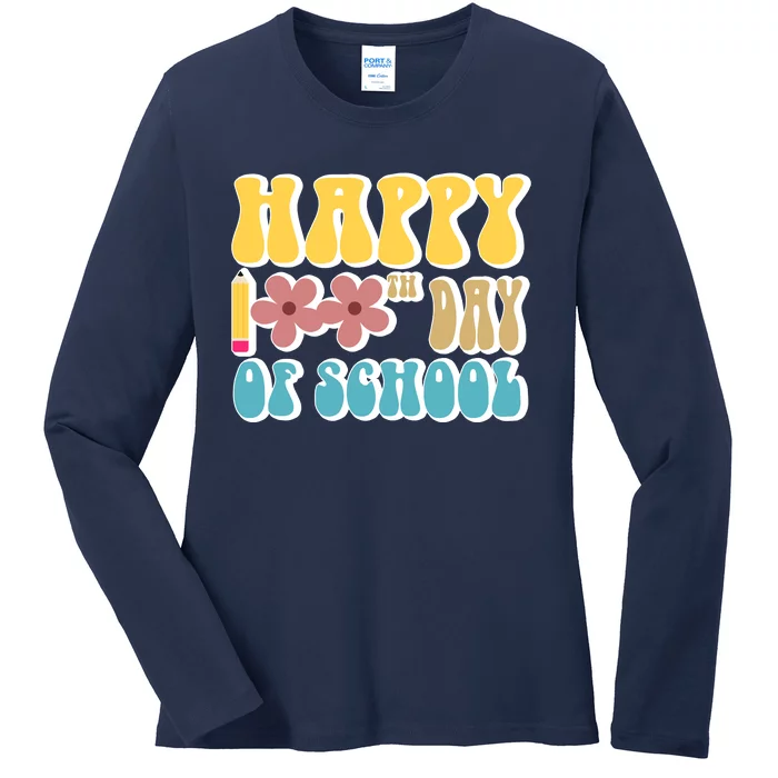 Happy 100th Day Of School Cute Retro Flower Ladies Long Sleeve Shirt