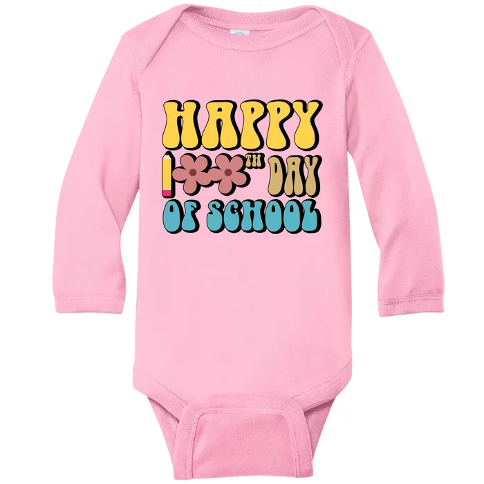 Happy 100th Day Of School Cute Retro Flower Baby Long Sleeve Bodysuit