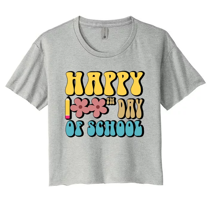 Happy 100th Day Of School Cute Retro Flower Women's Crop Top Tee