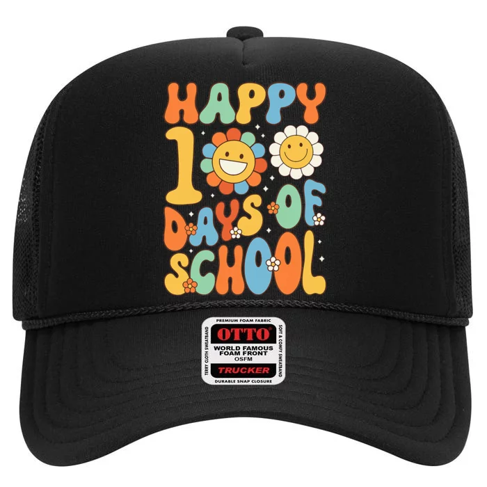 Happy 100 Days Of School Groovy 100th Day Of School High Crown Mesh Trucker Hat