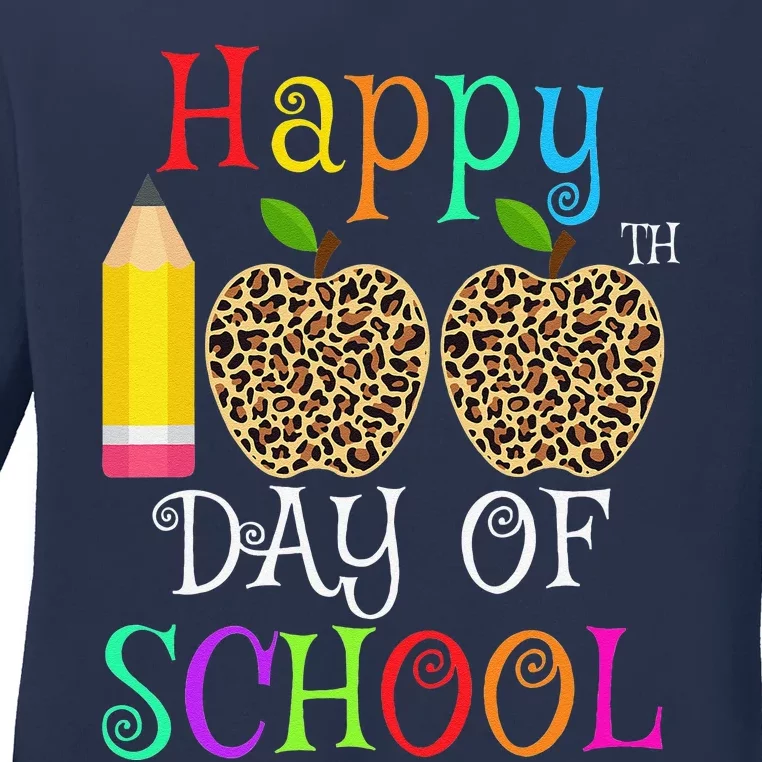 Happy 100th Day Of School Leopard Print Teacher Student Ladies Long Sleeve Shirt