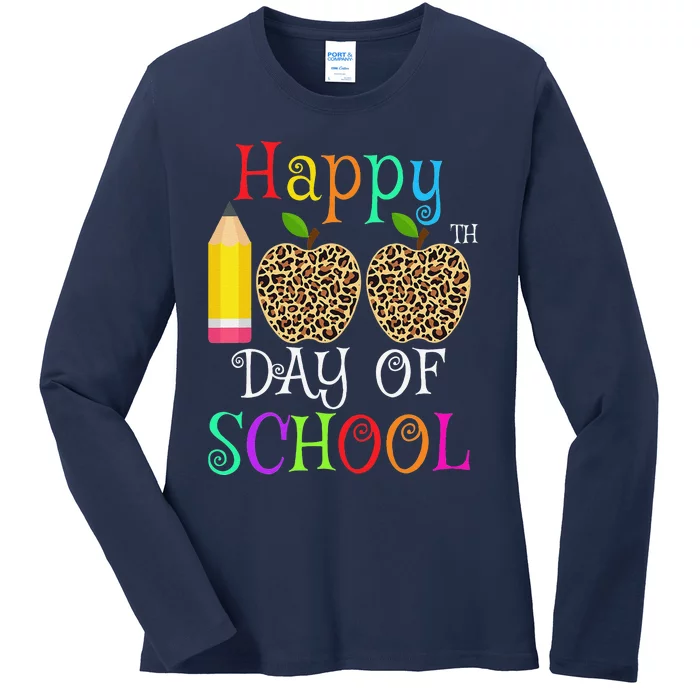 Happy 100th Day Of School Leopard Print Teacher Student Ladies Long Sleeve Shirt