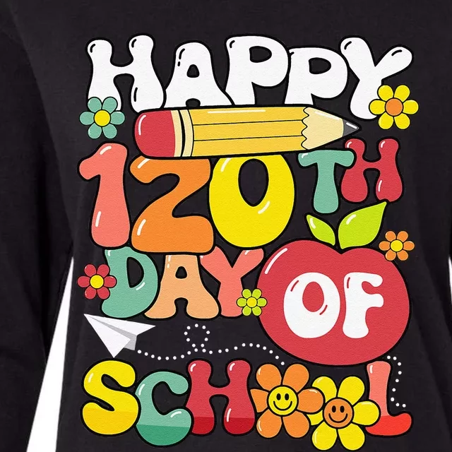 Happy 120th Day Of School Teacher Retro Groovy 120 Days Womens Cotton Relaxed Long Sleeve T-Shirt