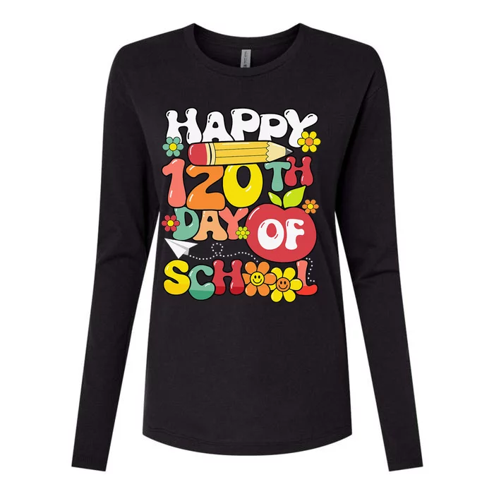 Happy 120th Day Of School Teacher Retro Groovy 120 Days Womens Cotton Relaxed Long Sleeve T-Shirt