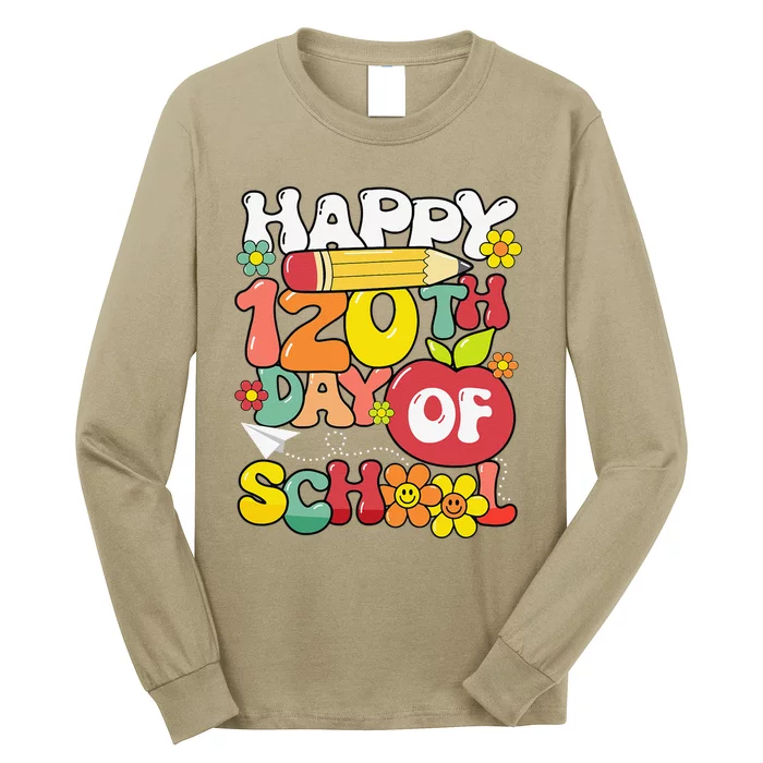 Happy 120th Day Of School Teacher Retro Groovy 120 Days Long Sleeve Shirt