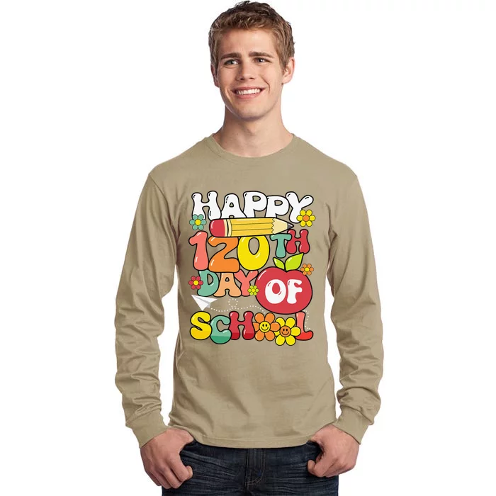 Happy 120th Day Of School Teacher Retro Groovy 120 Days Tall Long Sleeve T-Shirt