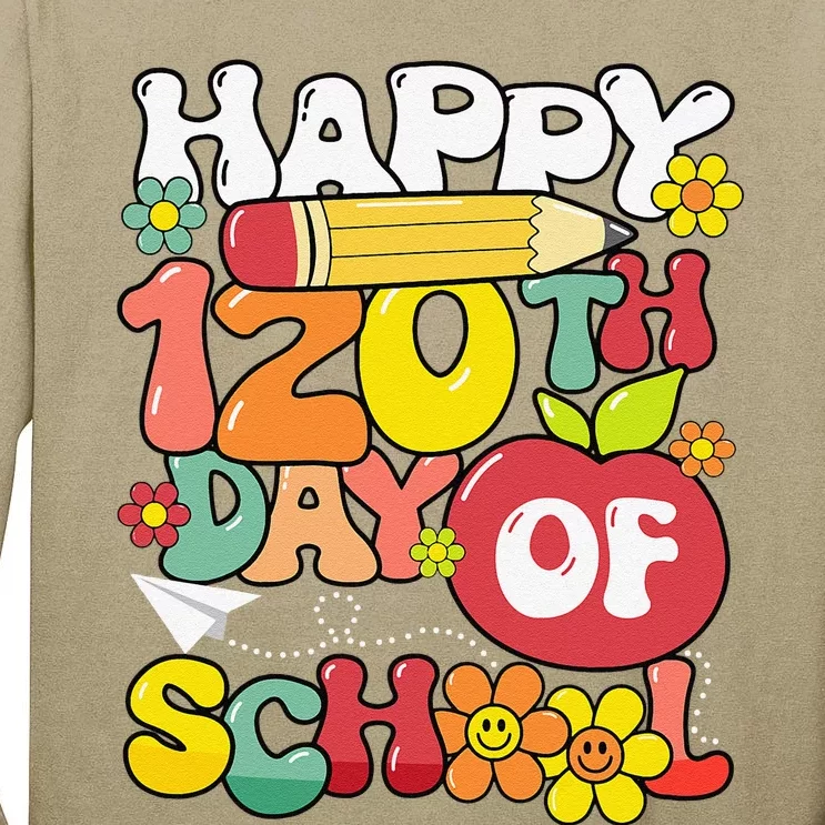 Happy 120th Day Of School Teacher Retro Groovy 120 Days Tall Long Sleeve T-Shirt