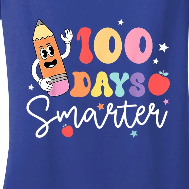 Happy 100 Days Of School 100 Days Smarter Brighter Groovy Gift Women's V-Neck T-Shirt