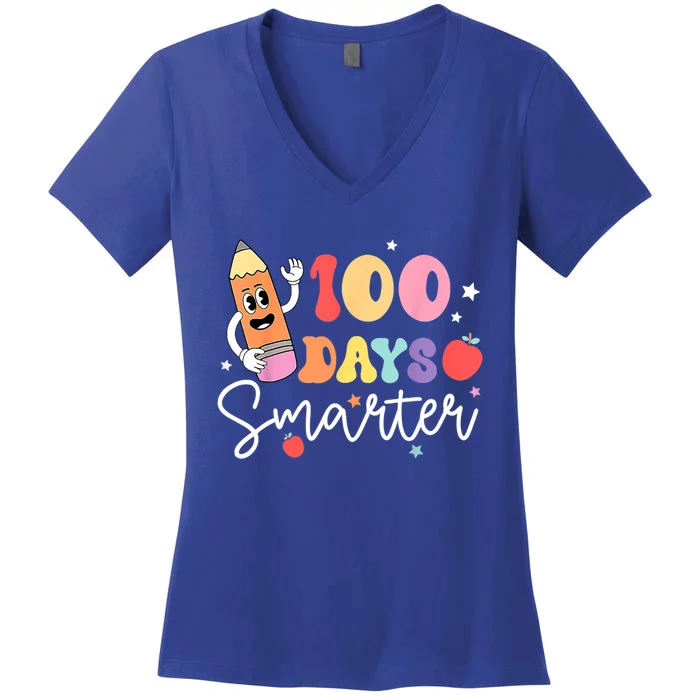 Happy 100 Days Of School 100 Days Smarter Brighter Groovy Gift Women's V-Neck T-Shirt