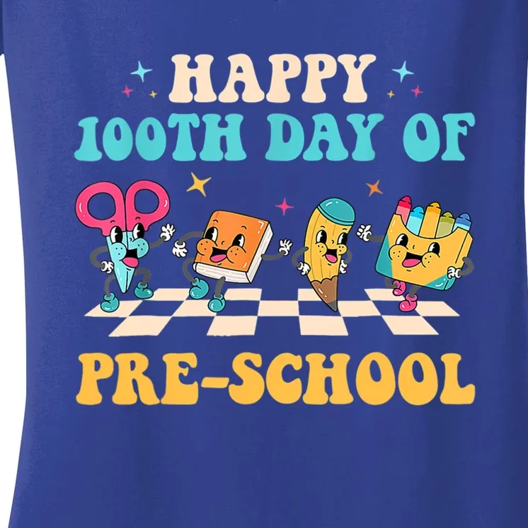 Happy 100 Days Of Pre School 100 Days Of School Groovy Retro Gift Women's V-Neck T-Shirt