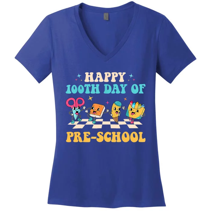 Happy 100 Days Of Pre School 100 Days Of School Groovy Retro Gift Women's V-Neck T-Shirt