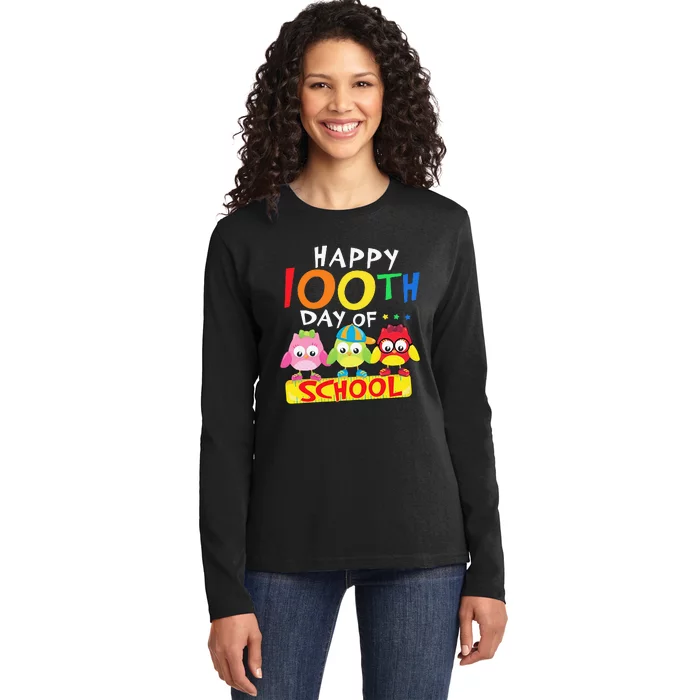 Happy 100th Day Of School Owl 100 Days Teacher Ladies Long Sleeve Shirt