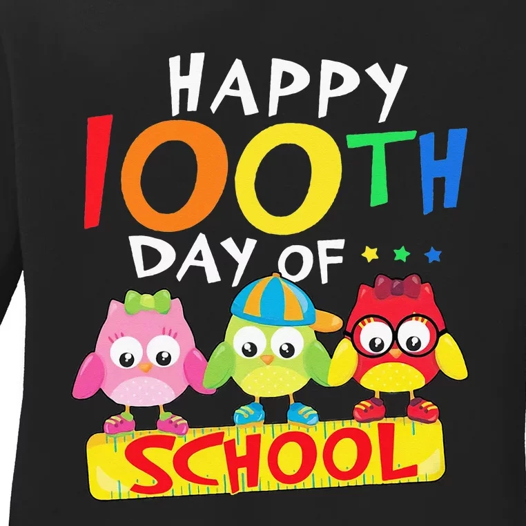 Happy 100th Day Of School Owl 100 Days Teacher Ladies Long Sleeve Shirt