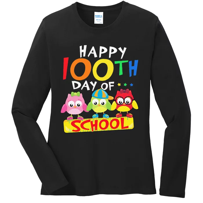 Happy 100th Day Of School Owl 100 Days Teacher Ladies Long Sleeve Shirt