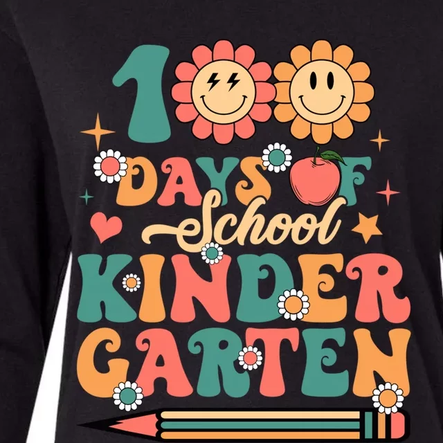 Happy 100th Day Of School Retro Groovy 100 Days Kindergarten Gift Womens Cotton Relaxed Long Sleeve T-Shirt