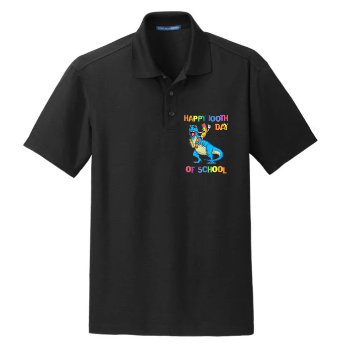 Happy 100th Day Of School Pencil Riding Dinosaur T Rex Funny Dry Zone Grid Performance Polo