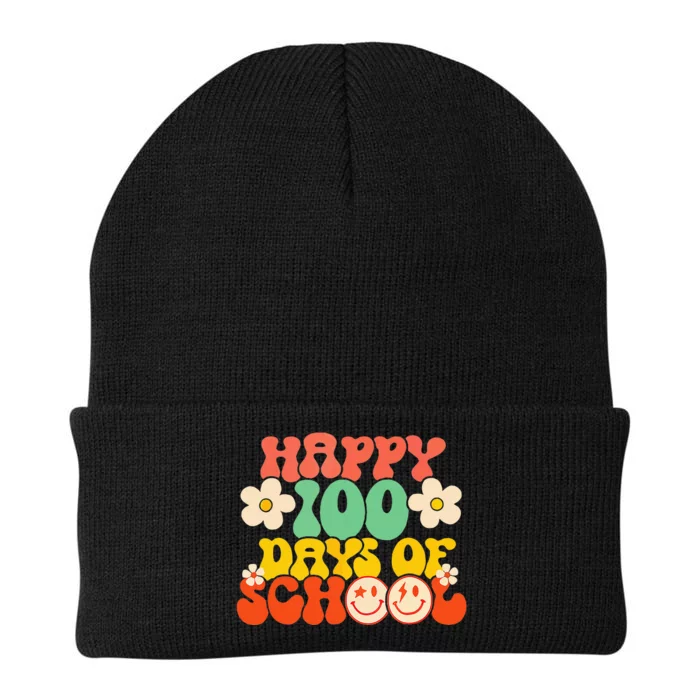 Happy 100th Day Of School Teacher Retro Groovy 100 Days Knit Cap Winter Beanie