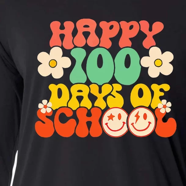 Happy 100th Day Of School Teacher Retro Groovy 100 Days Cooling Performance Long Sleeve Crew