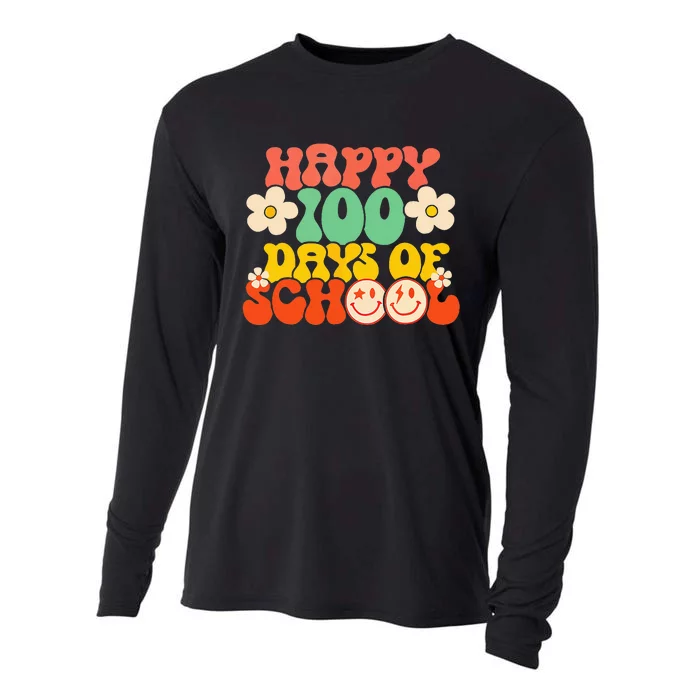 Happy 100th Day Of School Teacher Retro Groovy 100 Days Cooling Performance Long Sleeve Crew