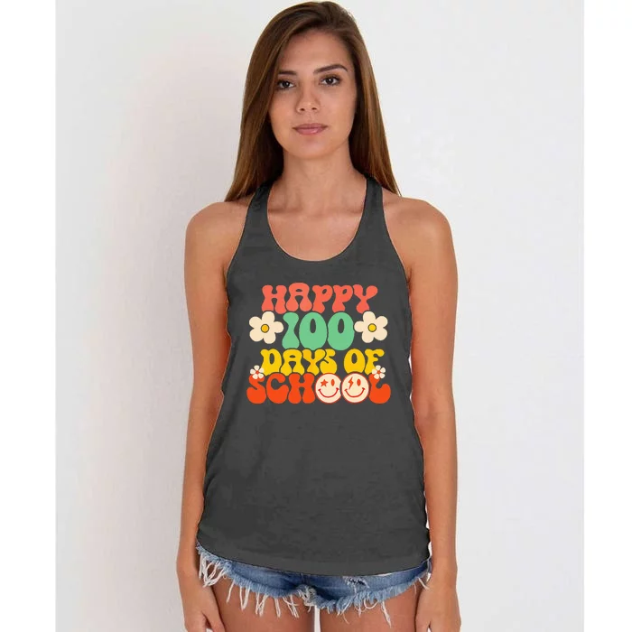 Happy 100th Day Of School Teacher Retro Groovy 100 Days Women's Knotted Racerback Tank