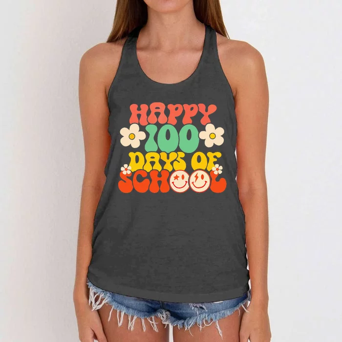 Happy 100th Day Of School Teacher Retro Groovy 100 Days Women's Knotted Racerback Tank