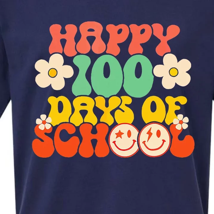 Happy 100th Day Of School Teacher Retro Groovy 100 Days Sueded Cloud Jersey T-Shirt