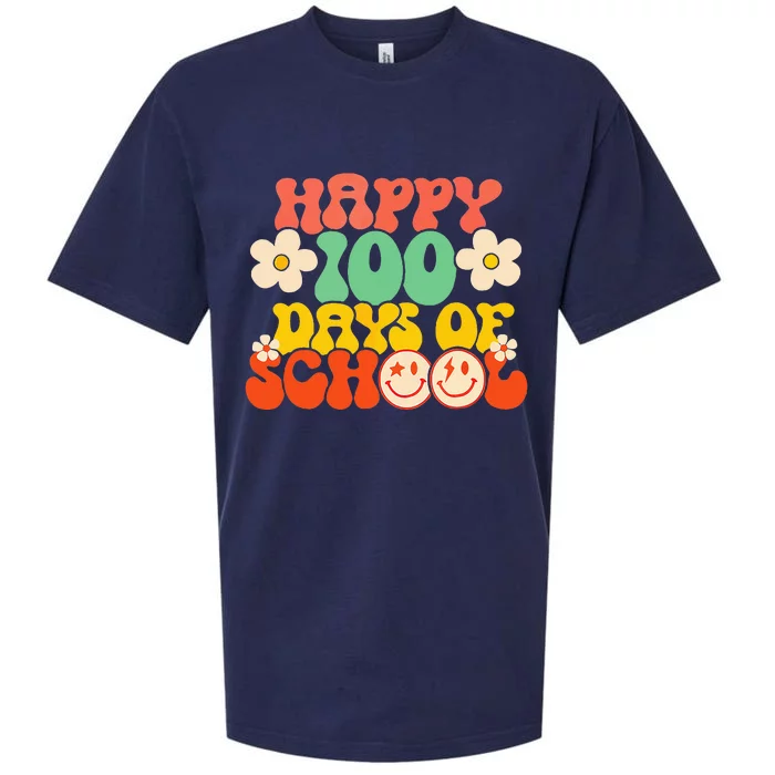 Happy 100th Day Of School Teacher Retro Groovy 100 Days Sueded Cloud Jersey T-Shirt