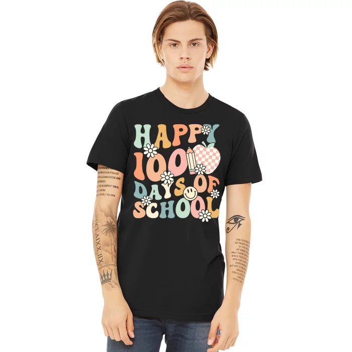 Happy 100th Day Of School Teacher Retro Groovy 100 Days Premium T-Shirt