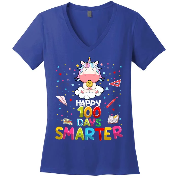 Happy 100 Days Smarter Gift Cute Unicorn Gift Cute Gift Women's V-Neck T-Shirt