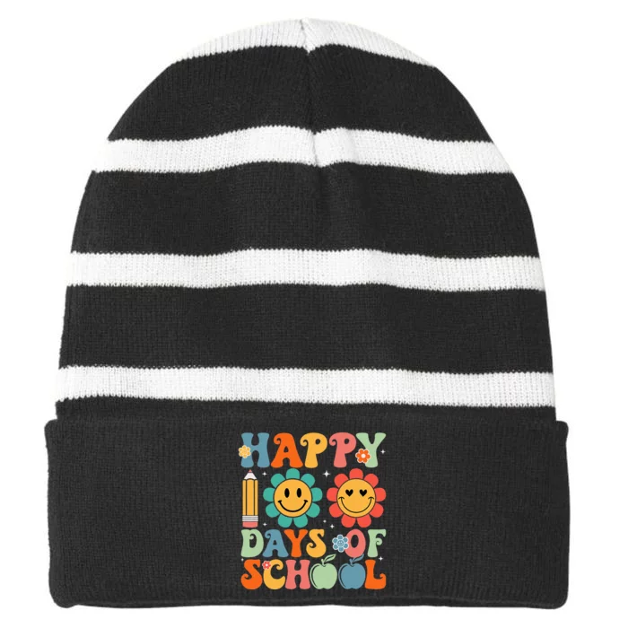 Happy 100th Day Of School Teacher Retro Groovy 100 Days Striped Beanie with Solid Band