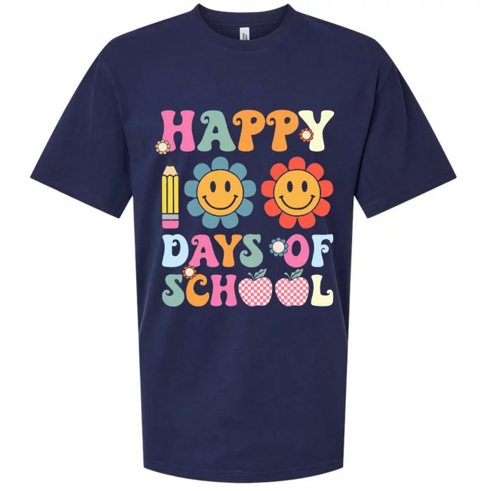 Happy 100th Day Of School Teacher Retro Groovy 100 Days Sueded Cloud Jersey T-Shirt