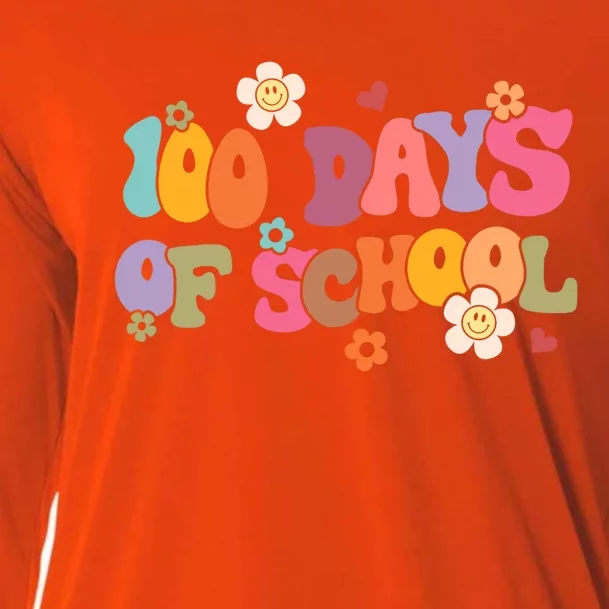 Happy 100 Days Of School 100 Days Smarter Brighter Groovy Gift Cooling Performance Long Sleeve Crew