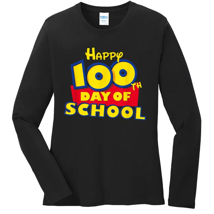 Happy 100th Day of School Toy Cartoon for Teacher or Student Ladies Long Sleeve Shirt