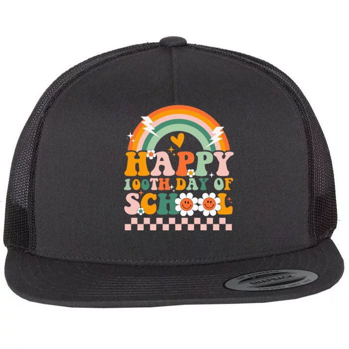 Happy 100 Days of School Teacher Groovy 100th day Flat Bill Trucker Hat