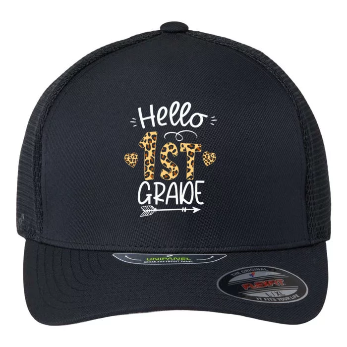 Hello 1st Grade Leopard Teacher Students Back To School First Day Of School Flexfit Unipanel Trucker Cap