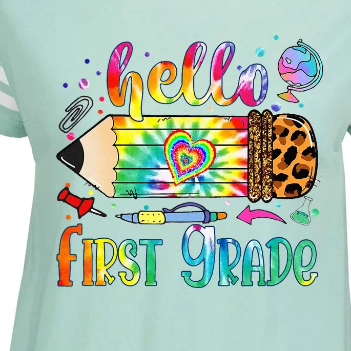 Hello 1st Grade Leopard Pencil Tie Dye Funny Back To School Enza Ladies Jersey Football T-Shirt