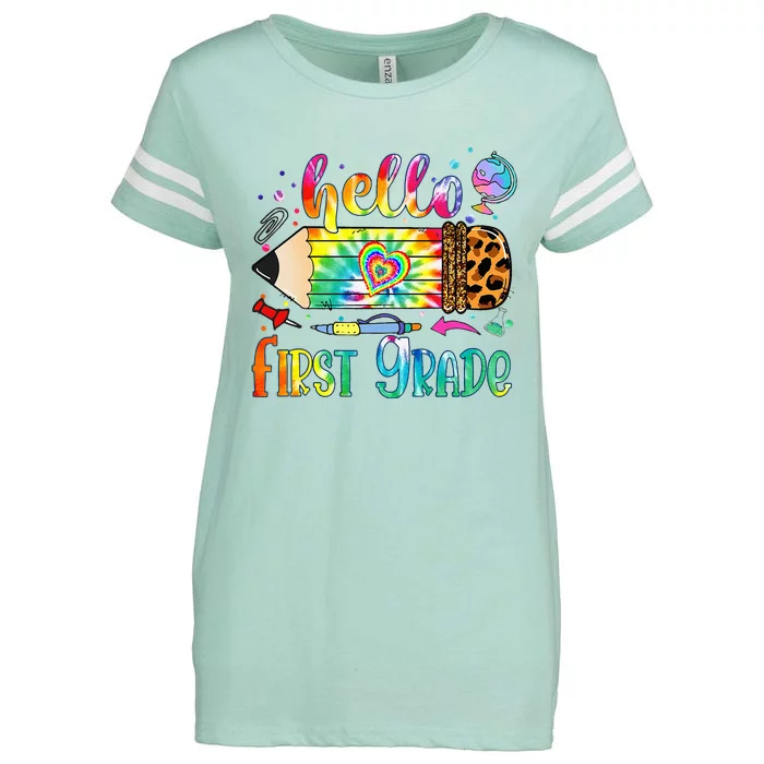 Hello 1st Grade Leopard Pencil Tie Dye Funny Back To School Enza Ladies Jersey Football T-Shirt