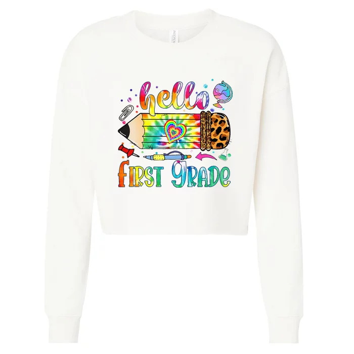 Hello 1st Grade Leopard Pencil Tie Dye Funny Back To School Cropped Pullover Crew