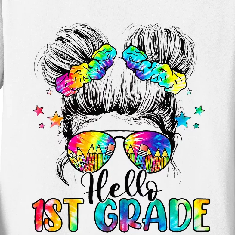 Hello 1st Grade Messy Hair Bun Back To School First Day Kids Long Sleeve Shirt