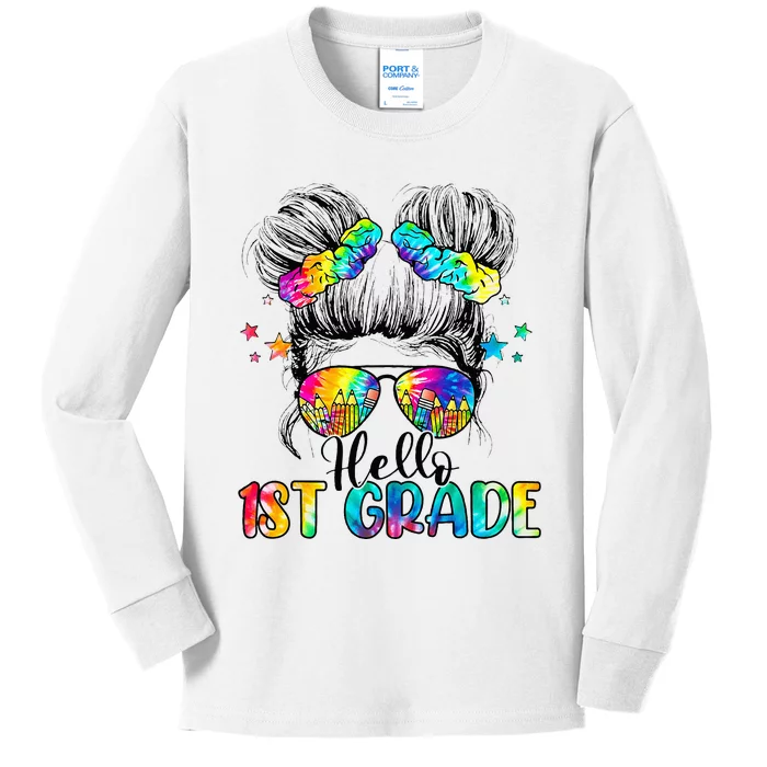 Hello 1st Grade Messy Hair Bun Back To School First Day Kids Long Sleeve Shirt