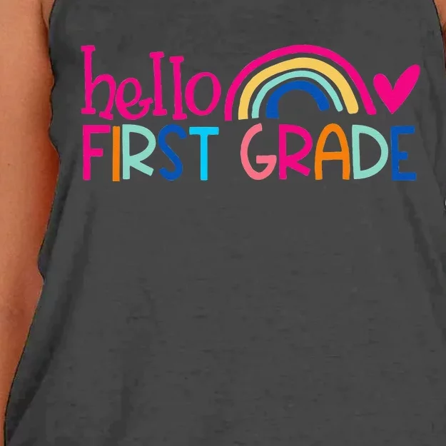 Hello 1st Grade Rainbow Student Teacher Back To School Women's Knotted Racerback Tank