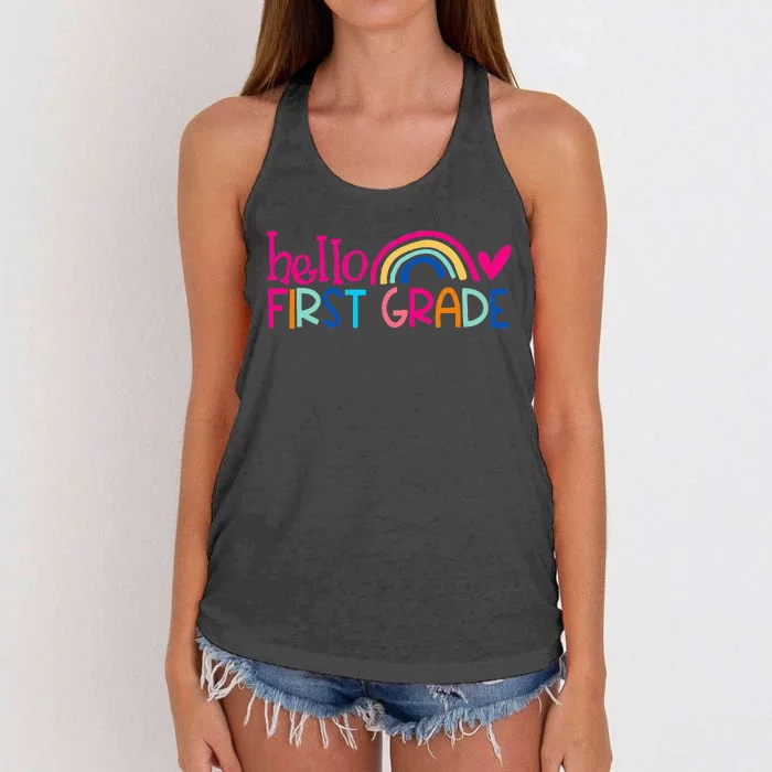 Hello 1st Grade Rainbow Student Teacher Back To School Women's Knotted Racerback Tank