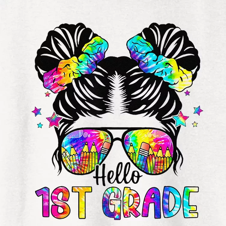 Hello 1st Grade Messy Bun Team First Grade Back To School Women's Crop Top Tee