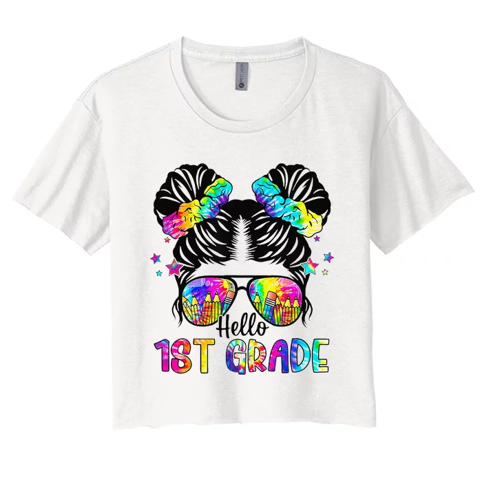 Hello 1st Grade Messy Bun Team First Grade Back To School Women's Crop Top Tee