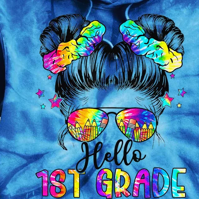 Hello 1st Grade Messy Hair Bun Girl Back To School First Day Gift Tie Dye Hoodie