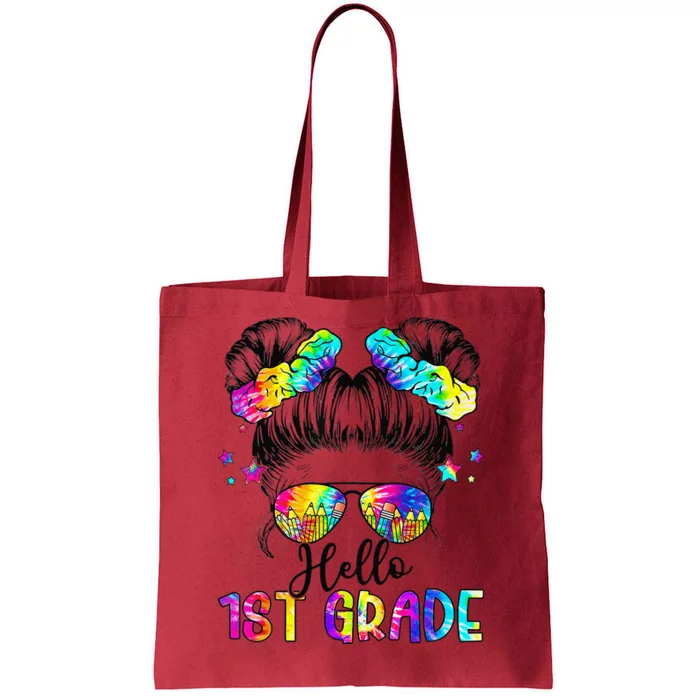 Hello 1st Grade Messy Hair Bun Girl Back To School First Day Gift Tote Bag