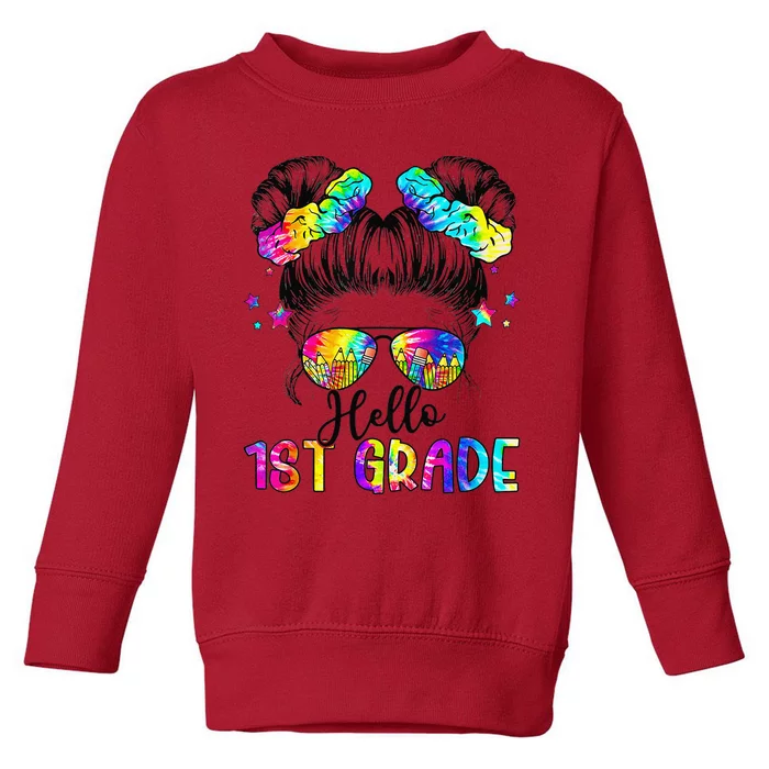 Hello 1st Grade Messy Hair Bun Girl Back To School First Day Gift Toddler Sweatshirt